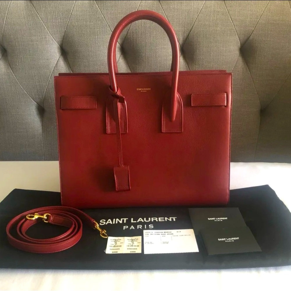 Saint Laurent YSL Bo Small Sac De Jour Bag in Red/Burgundy
